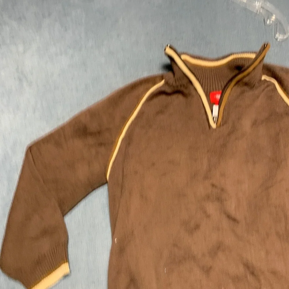 Mossimo Sweater Kids Medium Brown Contrast Piping Outdoor Workwear Quarter Zip